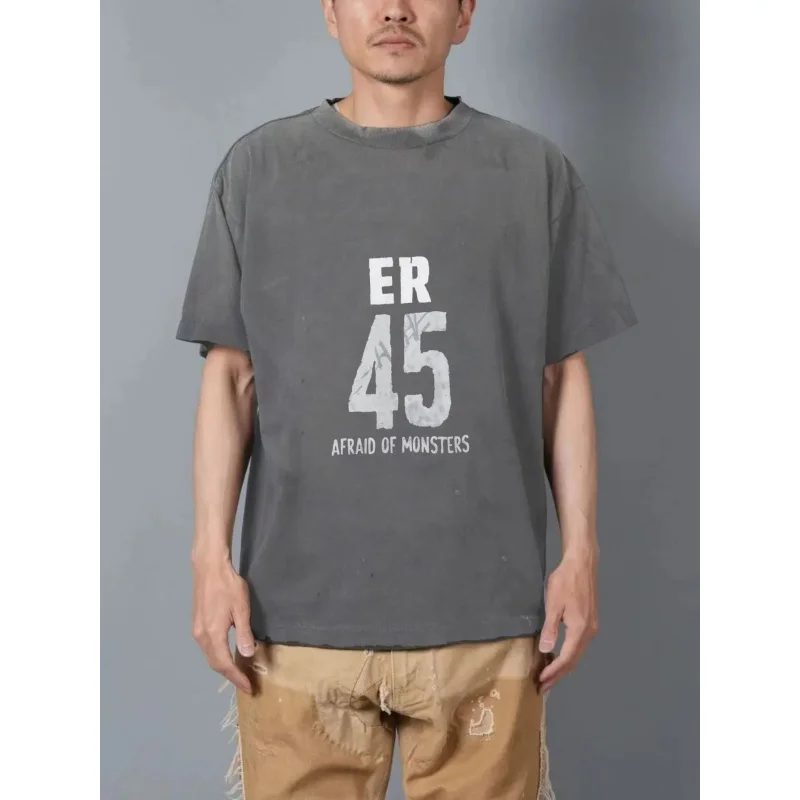 تي شيرت رجالي مغسول أسود ER 45 خائف من الوحوش نمط مطبوع جودة عالية 100% قطن 230 جرام