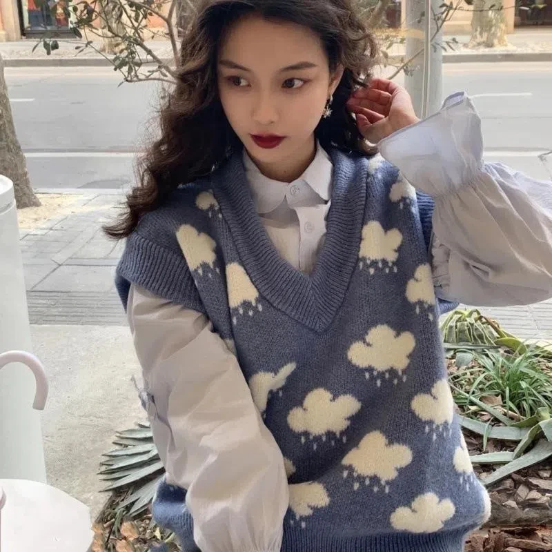 جديد سترة جاكار الأزرق سحابة صغيرة سترة محبوك تانك القمم الخامس الرقبة سترة فضفاضة فضفاضة المرأة 15990