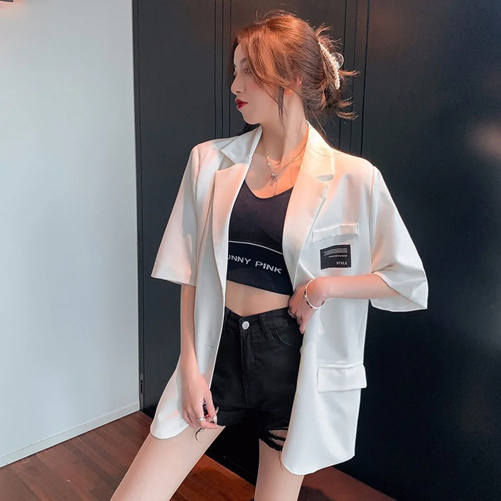 Summer Women Suit Jackets Oversized Short Sleeves Blazer Mujer Jacket Korean Fashion Coats Cardigans Thin Tops Buttons Pockets