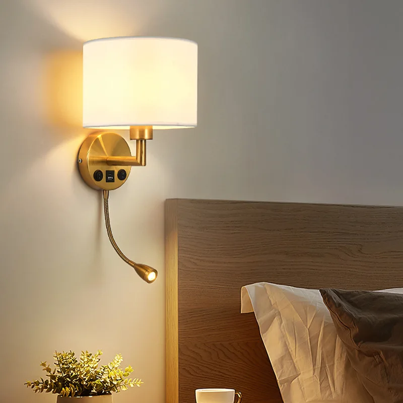 Lámpara de pared de cabecera con foco de rotación, pantalla de tela moderna, candelabro de lectura para dormitorio, decoración del hogar, LED E27