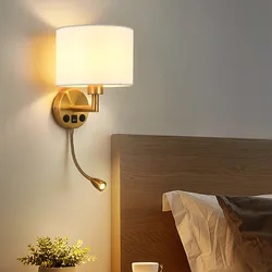 Bedside Wall Lamp with Rotation Spotlight Modern Fabric Lampshade Reading Wall Light Sconce for Bedroom Home Decoration LED E27