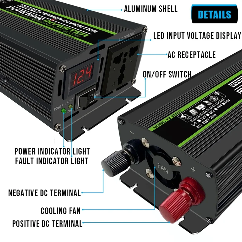 1000/1800/2000/2600W Intelligent Digital Display Pure Sine Wave Inverter 12V TO 220V Voltage Converter Car Solar Inverters