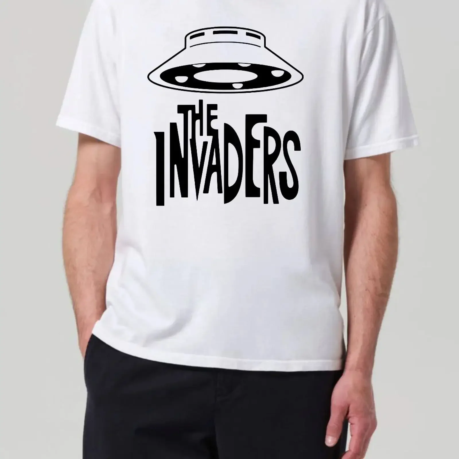 Sci Fi Fiction T Shirt Spaceship Invaders Alien Invasion Top New Men's  vintage Washed Breathable Casual Stretched