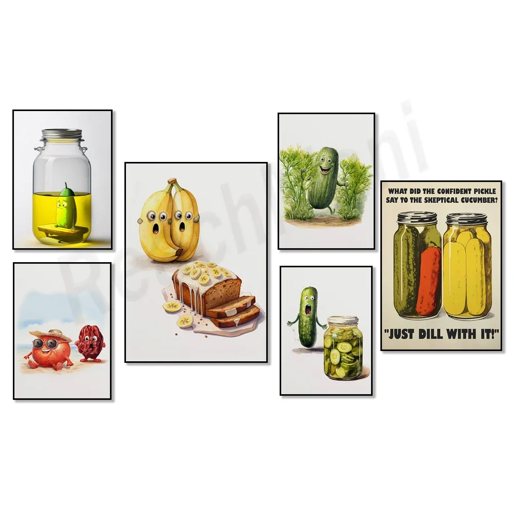 Pickle brine art, dill pickles, raisins, final pickles, whimsical and fun sun-dried tomatoes, banana bread, pickle poster