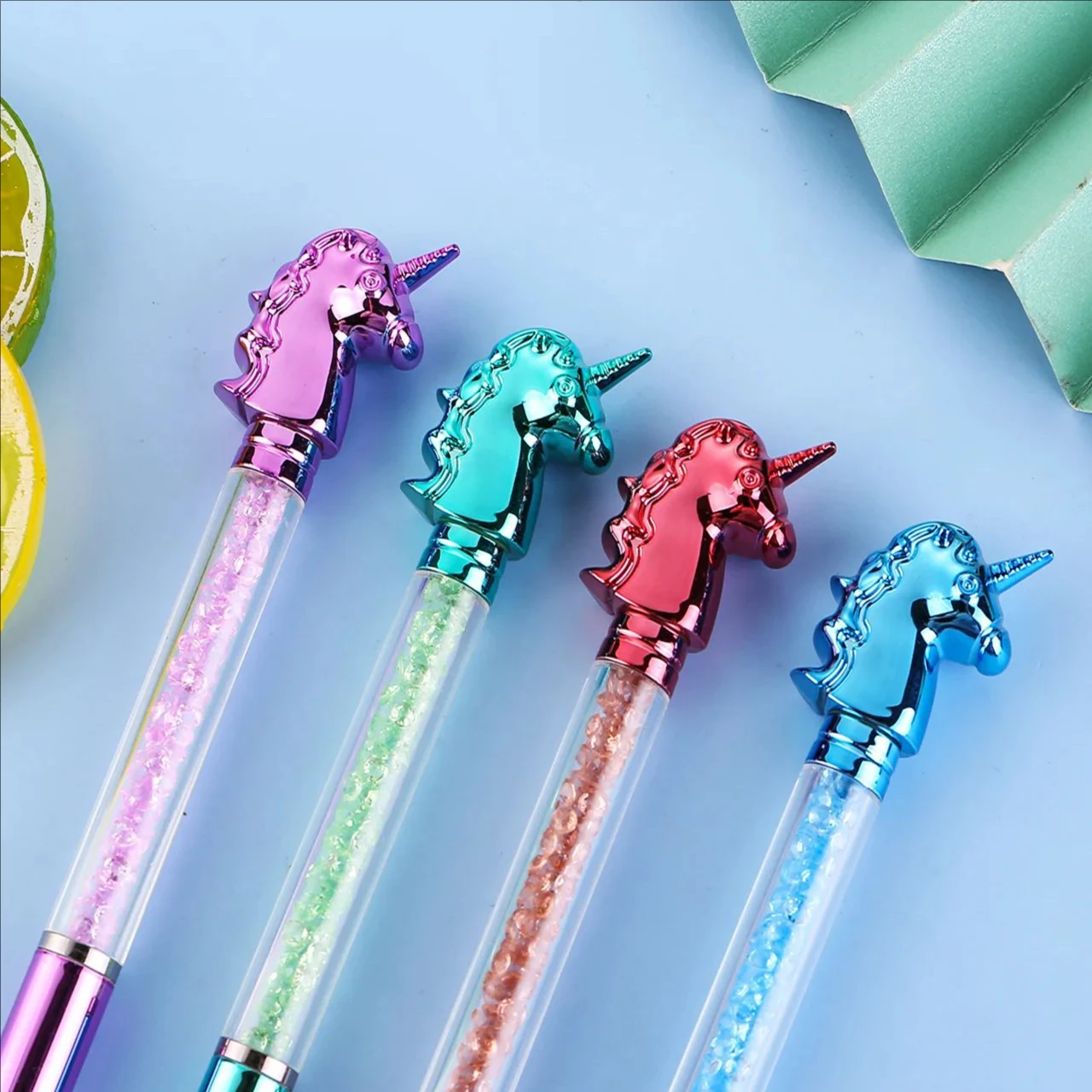 

4Pcs/Set Imitation Metal Feeling Unicorn Ballpoint Pen 0.7mm Blue Ink Cute UV Coated Color Crystal Signature Pens Stationery