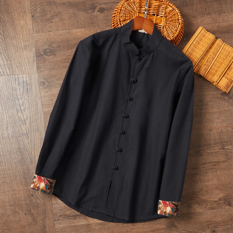 Casual Cotton And Linen Tang Clothing Men Vintage Hand Button Vintage Mandarin Collar Tai Chi Tops Long Sleeve Shirt