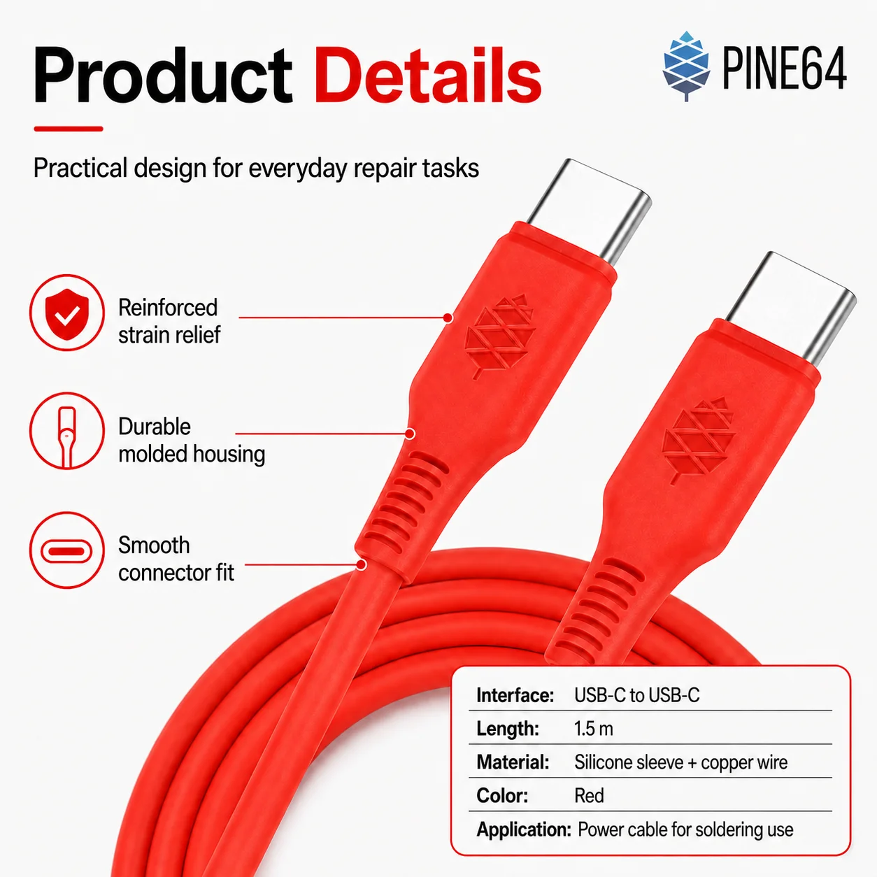 PINE64 Original Type-C Silicone Power Cable 350° High-Temperature Resistance Special power cord for Pinecil V2 V1 Soldering iron