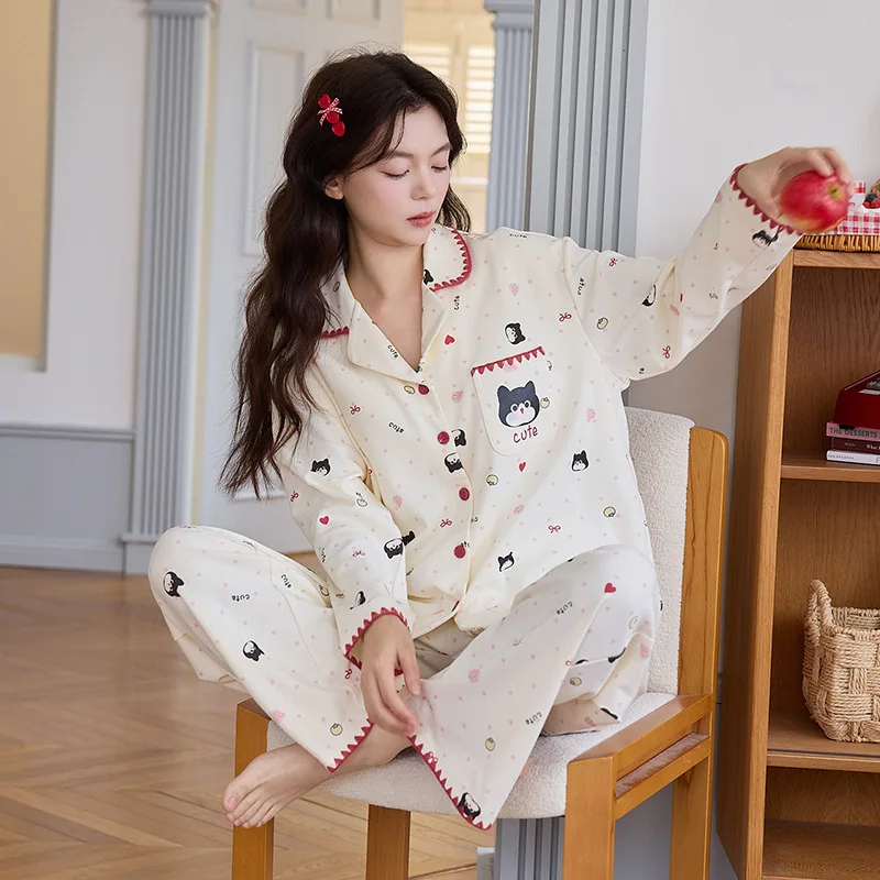 Women Cute Cartoon Cat Print Pajama Set Lapel Long Sleeve Sleepwear Loose Loungewear 2 Pcs Shirt&pants Homewear Night Suit