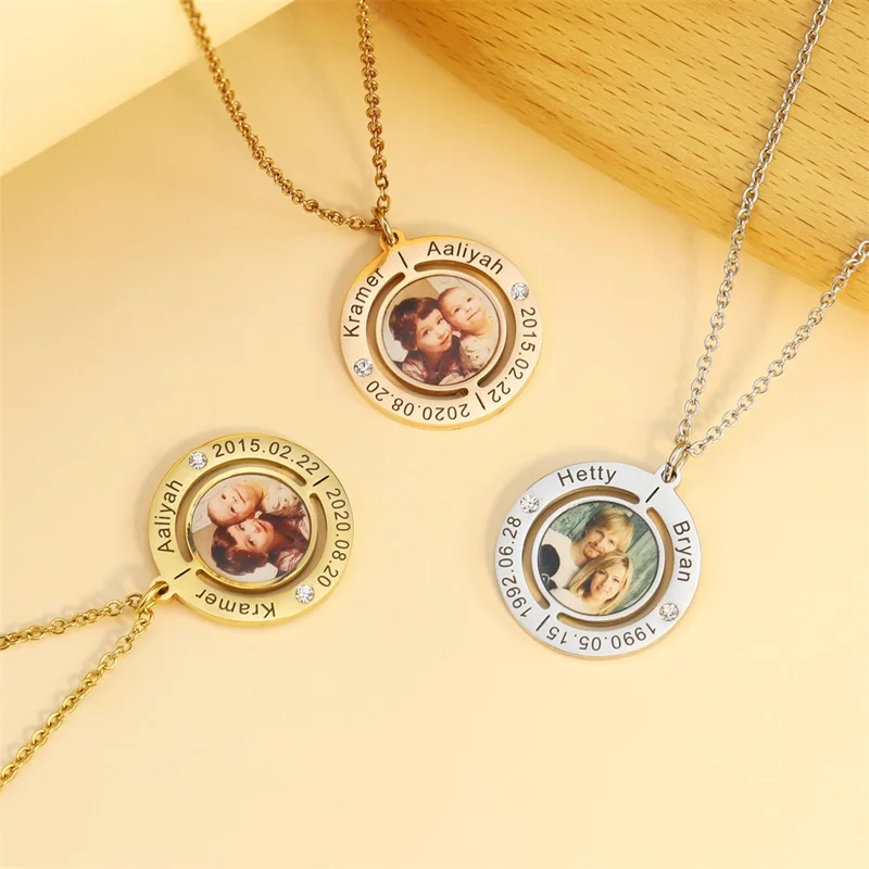 Personalized Photo Necklace for Women Custom Name Date Engraved Necklaces Round Shaped with Picture Birthstone Jewelry Gift