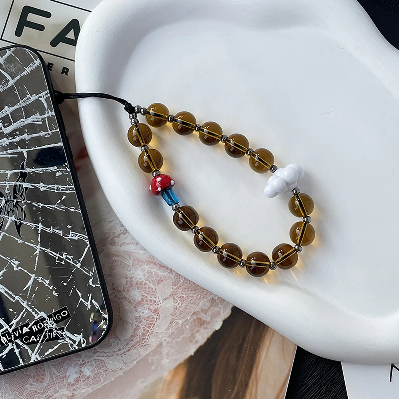 1szt Maillard Color Retro Style Amber Crystal Glass Beaded Cloud Mobile Phone Chain Pendant