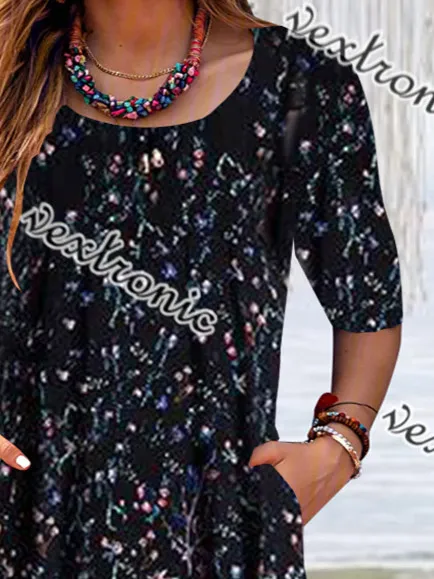 Plus Size Women Short Sleeve Scoop Neck Floral Printed Midi Dress