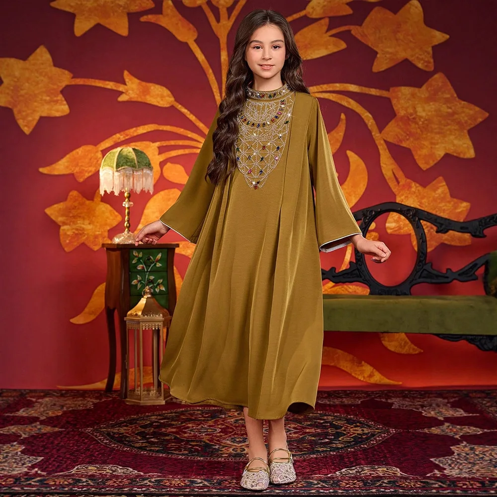 

Марокканское мусульманское детское платье макси с длинными рукавами и бриллиантами для девочек, халат Рамадан Ид, исламская детская одежда, арабская Абая, Турция, кафтан