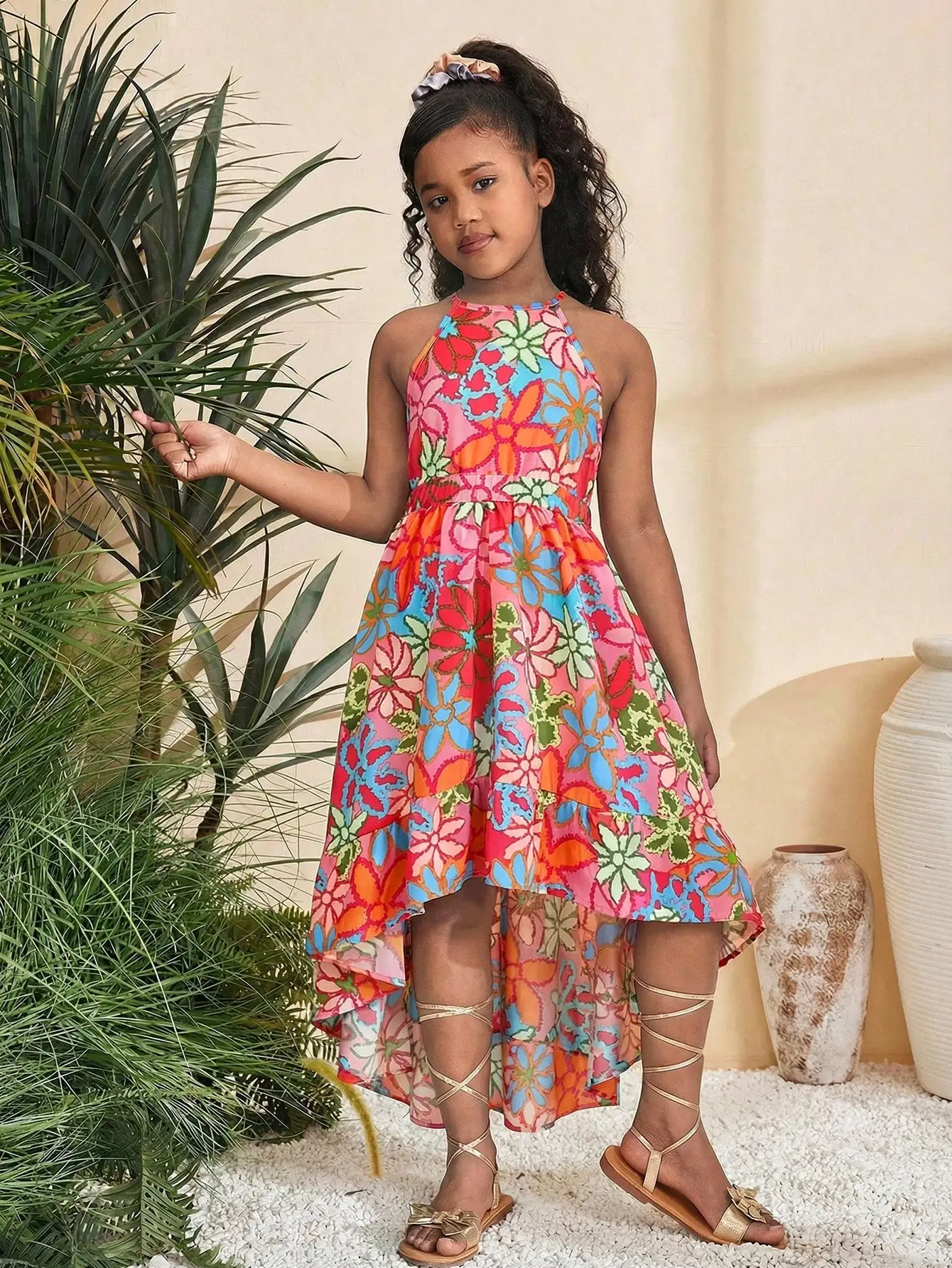 

Elegant Floral Print Halter Neck Sleeveless High Low Dress For Women