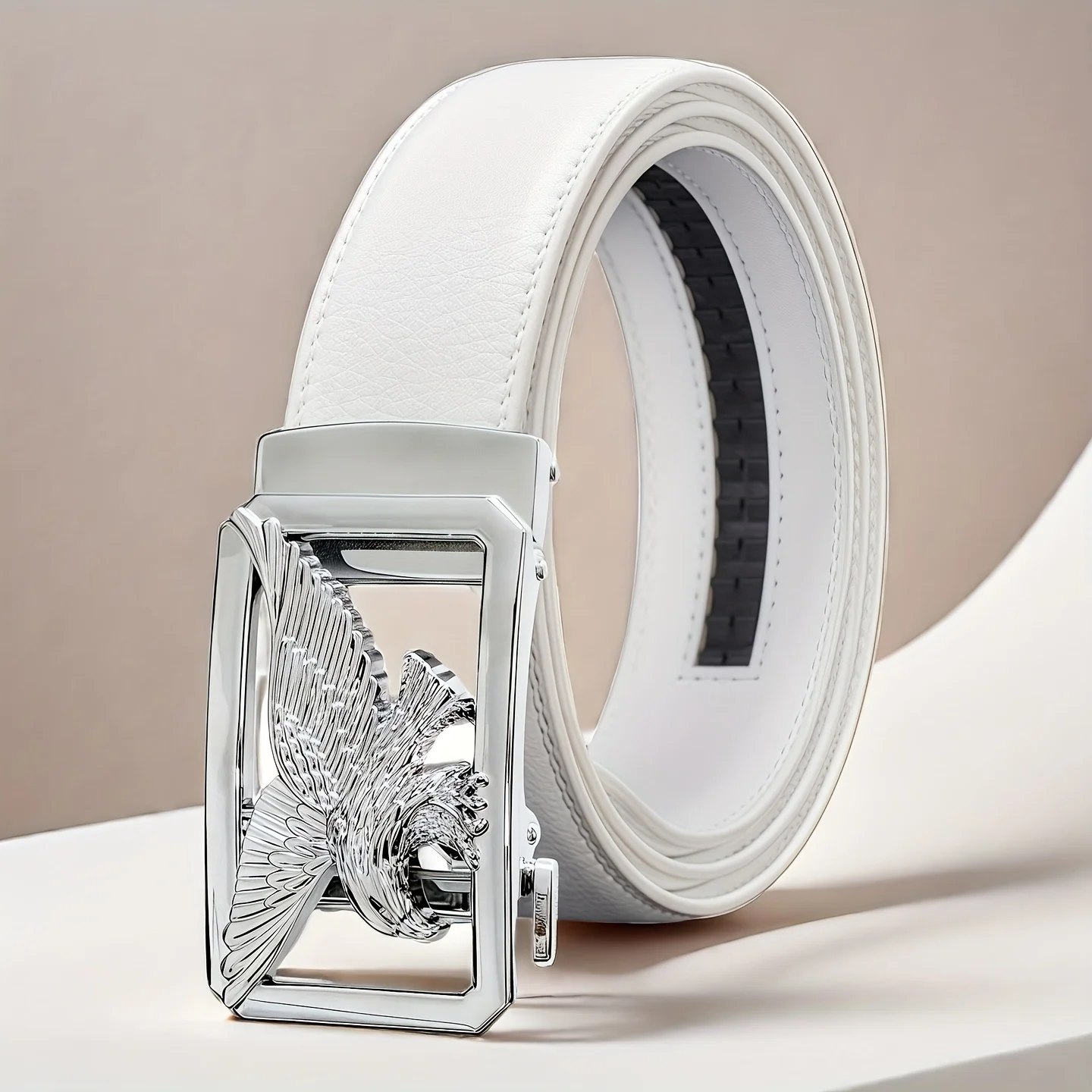 Men's White Automatic Buckle Belt with Golden-Tone Metallic Eagle Design - Stylish Faux Leather Business, Casual Belt for Men