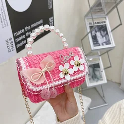 Pearl Handle Baby Girls Small Shoulder Bag Plaid Flower Children's Square Crossbody Bags Lovely Bow Princess Coin Purse Handbags