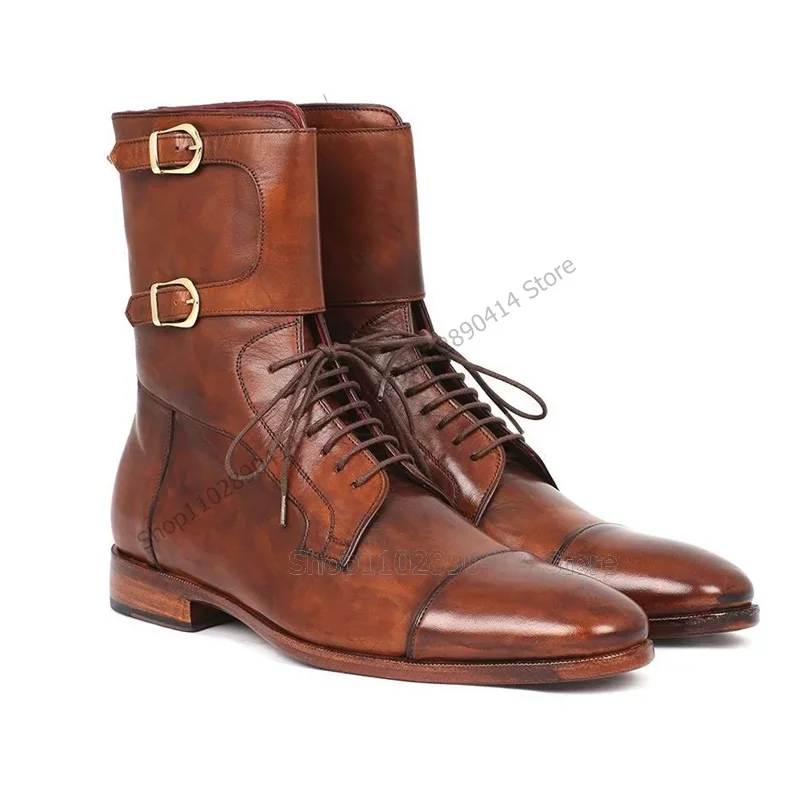 

Brown Buckle Decor Mid Calf Sewing Design Boots Fashion Lace up Men Shoes Luxury Handmade Party Banquet Office Men Dress Shoes