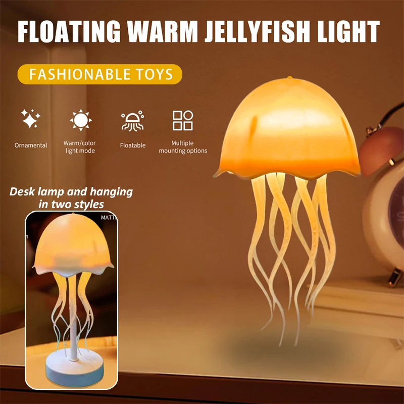 

Cartoon Jellyfish Night Light RGB Gradient or Warm Table Lamp Two modes Can Automatically Rotate Tentacle for Holiday Children