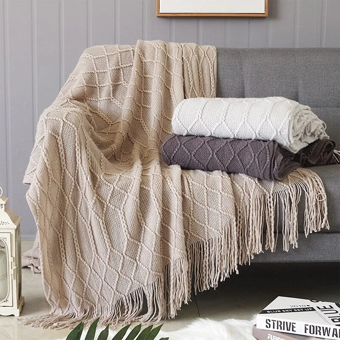 Khaki Oversized Throw Blankets for Couch Lightweight Decorative Blankets and Throws, Boho Warm Knit Blanket for Men and Women