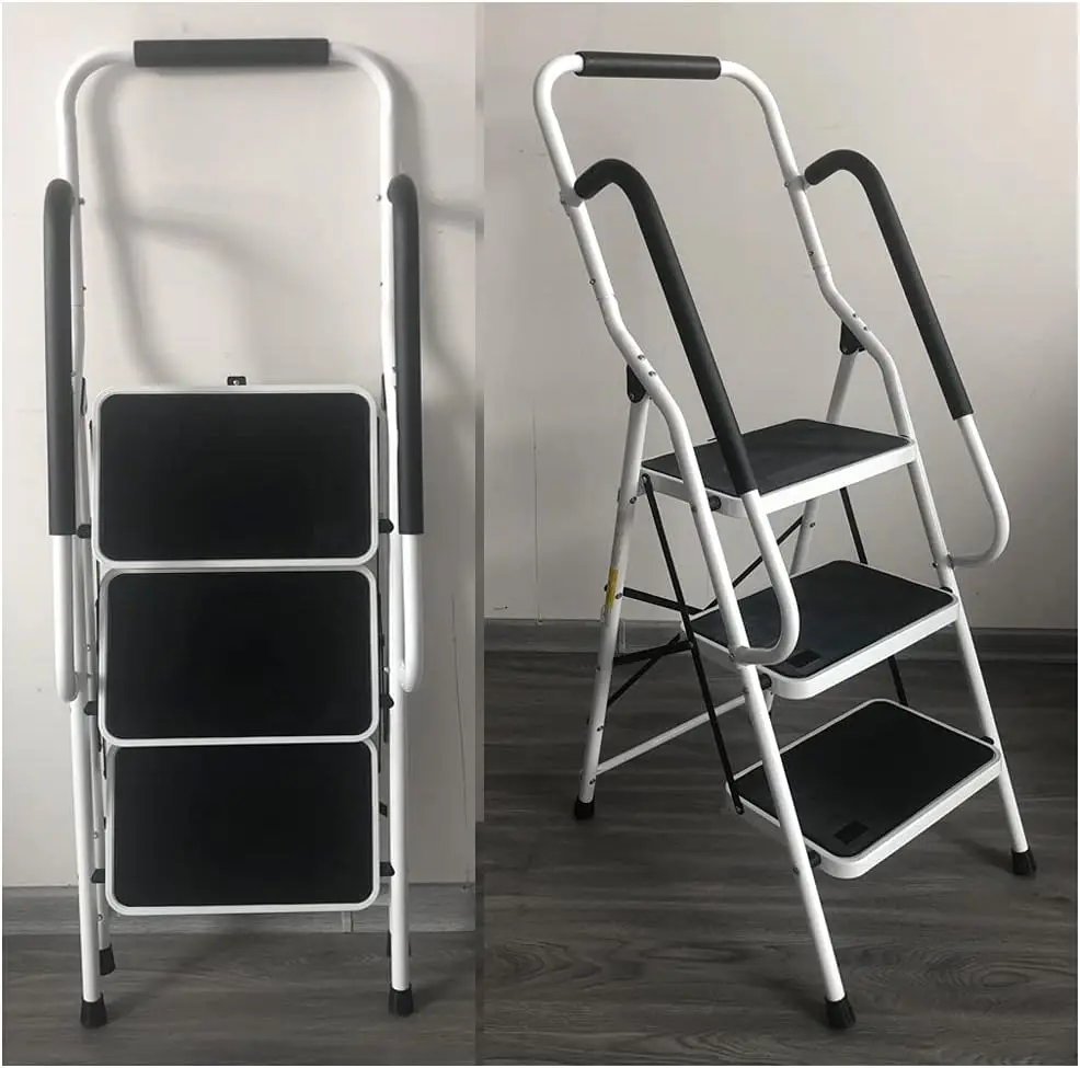 Stepladder 3 Steps Foldable With Handrail, Folding Step Made Of Steel &Retaining Bracket & Rubberized Steps- Easy To Store 150kg