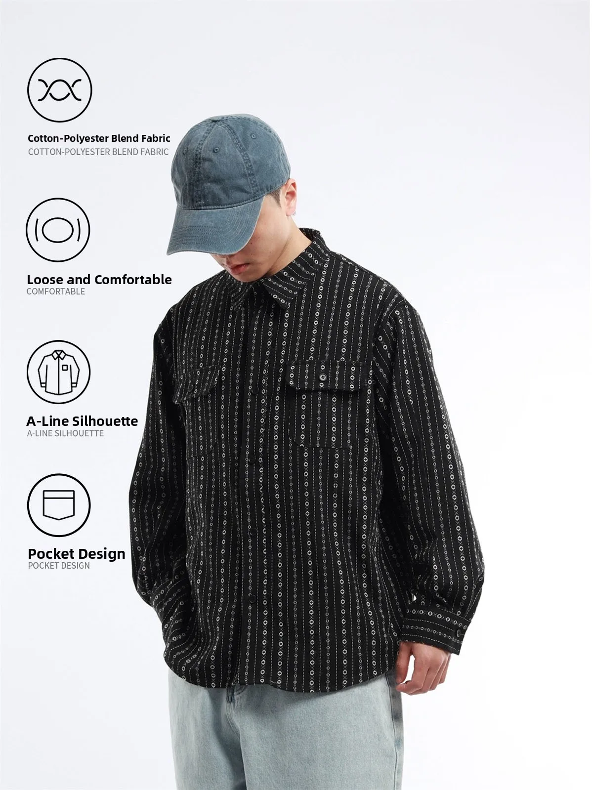 Trendy Retro Cotton Shirt Loose Fit Collared Top with Ethnic Patterns Open Cardigan Style for Youth Wearable All Year round