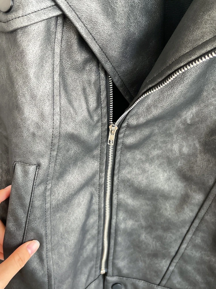 Cool and stylish design slanted zipper pockets leather jacket women's street trendy motorcycle style slim and handsome coat