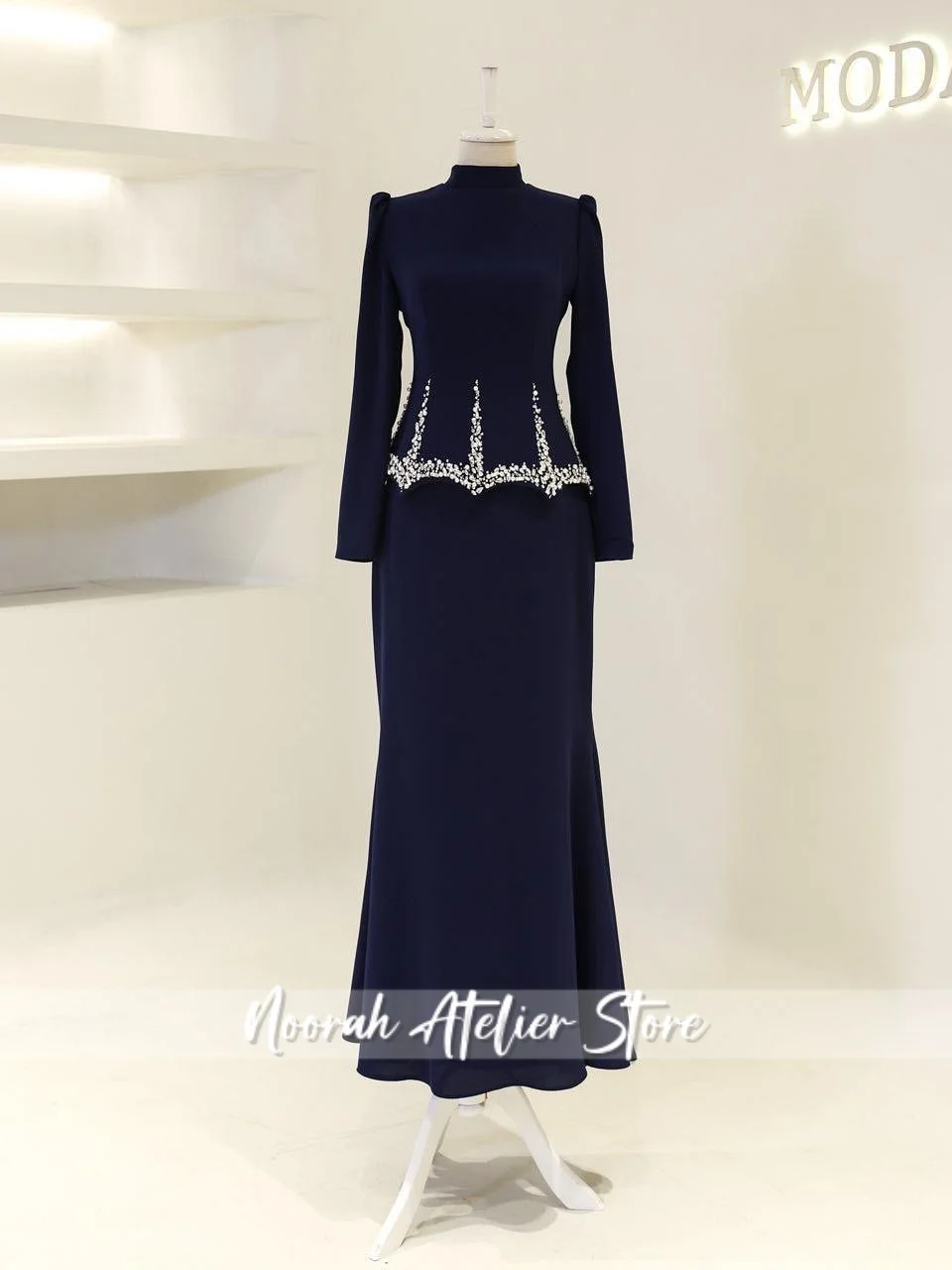 

New Blue Long Sleeves Luxury Islamic Women Evening Dresses 2025 Dubai H N Long Formal Gown Formal Dress Vestridos Customized