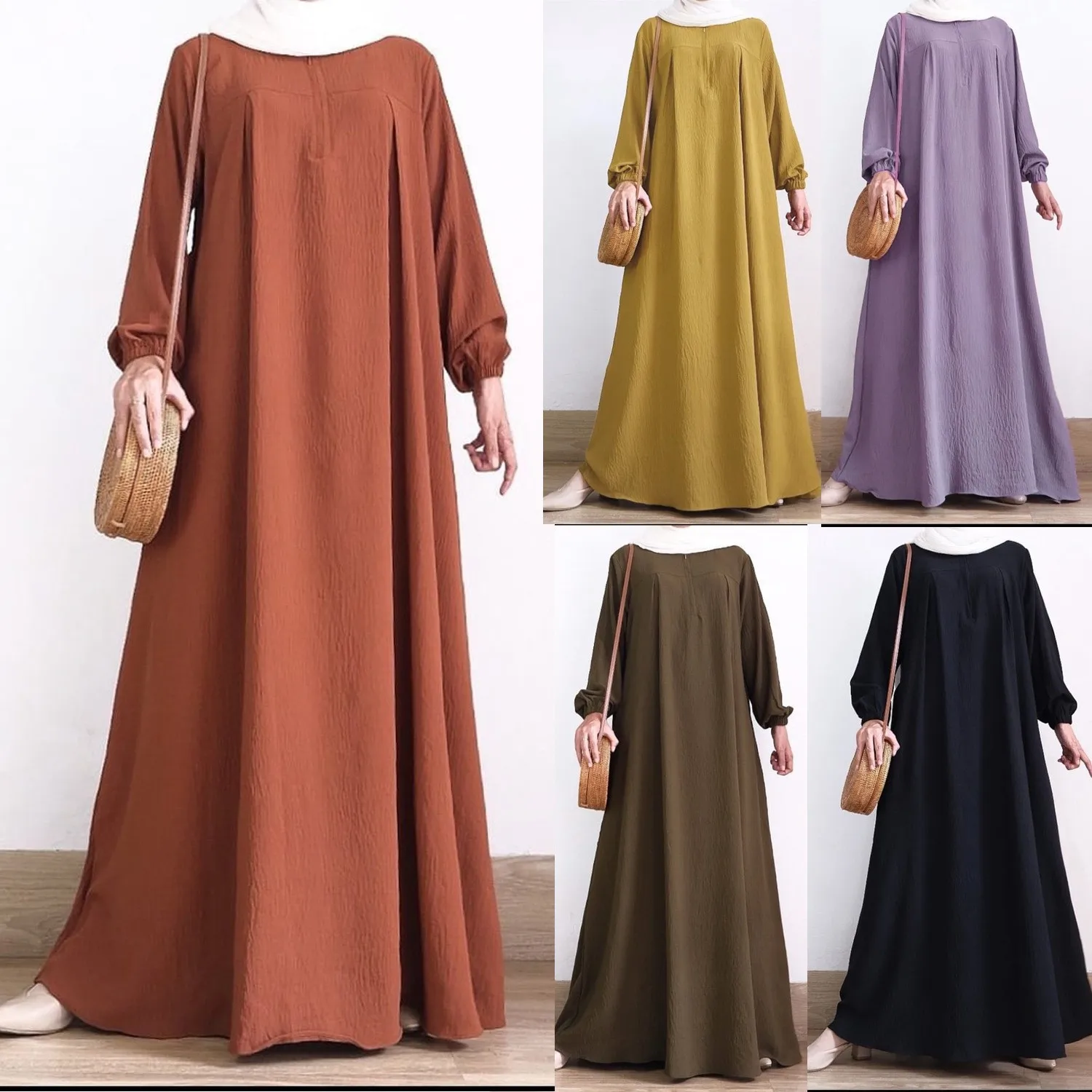 New Arrival Middle Eastern Muslim Women's Solid Color Puffed Sleeve Abaya - Round Neck, Front Placket Zipper, Elastic Cuffs