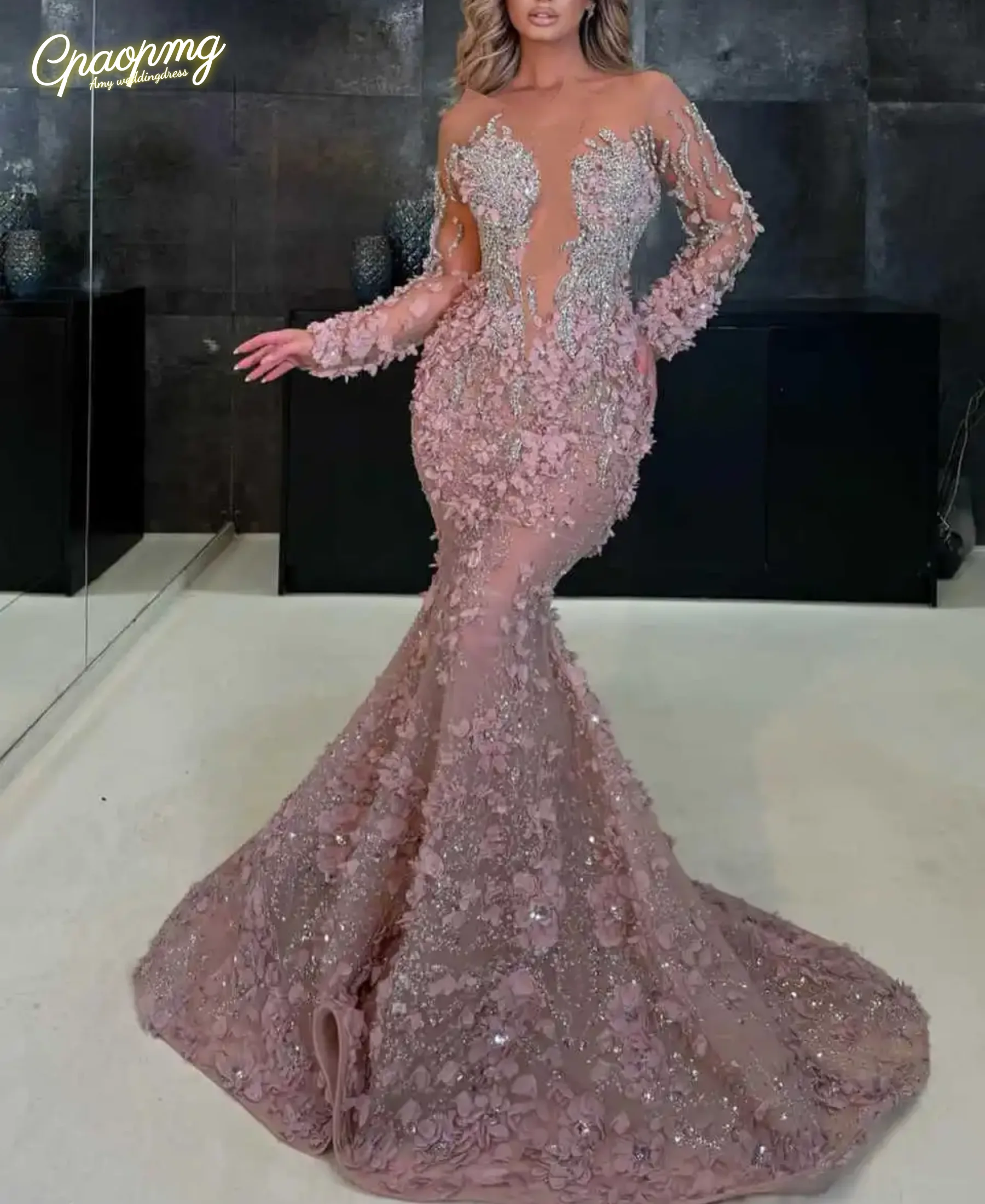 

Customized Mermaid Prom Dresses 3D Flowers Appliques Long Sleeve Special Occasion Dress Crystal Beads Evening Gowns