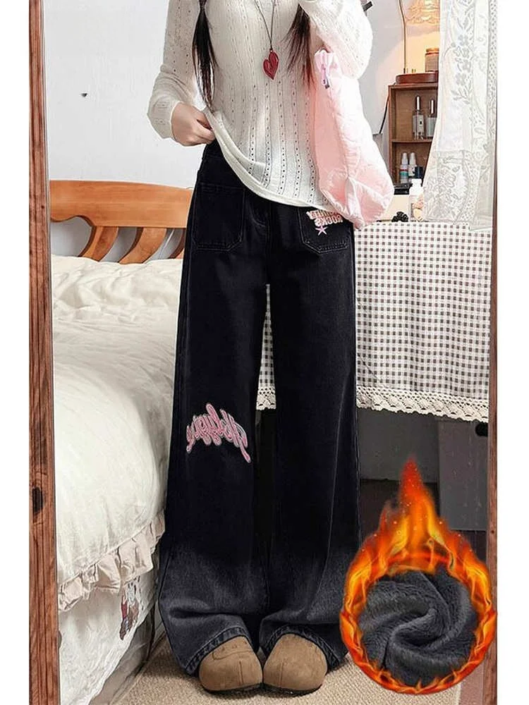 

plus Size Fleece Lined Gradient Embroidered Straight Leg Denim Jeans Women Autumn Winter Loose Drapey Wide Leg Pants