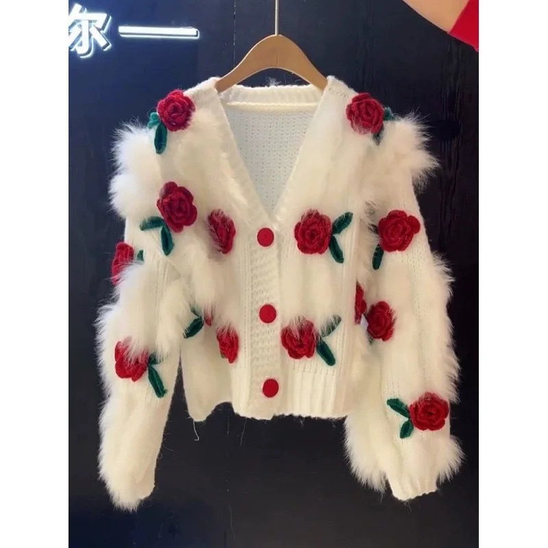 Sweet 3D Flower Knit Cardigan Fluffy Jacket Autumn Winter Coat Women V-neck Long Sleeve Knitted Sweater Knitwear Blouse New