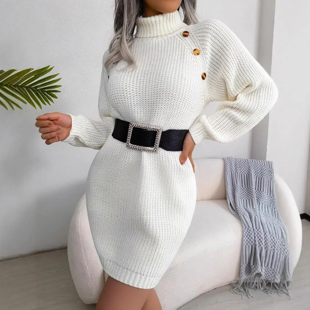 Casual High Collar Long Sve Button up Sweater Dr Base Layer Independent Station Cross Border Women's Faion Midi Skirt