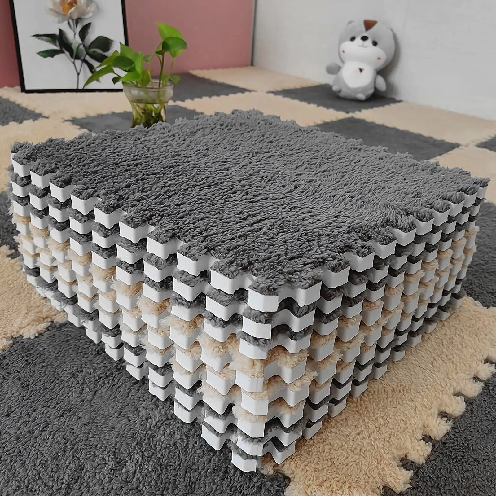 12 pcs Plush Puzzle Foam Floor Mat for Kids- Thick Interlocking Fluffy Tiles with Border Square Rug Split Joint Soft Climbing