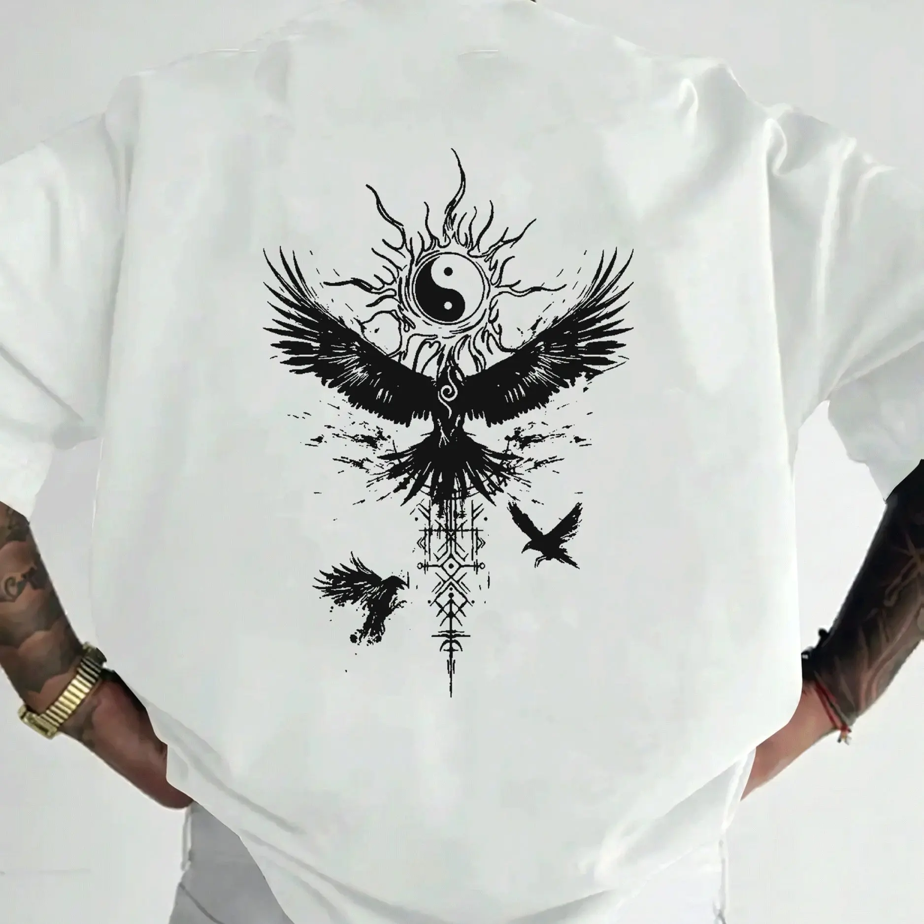 Men's Black Yin Yang Back Print T-Shirt with White Chinese Symbol - Martial Arts Inspired Round Neck Summer Tee