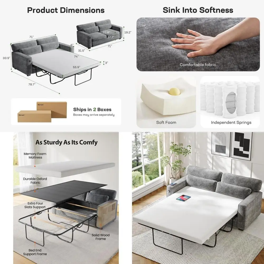 

Диван-кровать размера Queen с матрасом из пены с эффектом памяти, 2 USB-портами, съемными чехлами, из серой ткани шенилл, выдерживает до 600 фунтов.