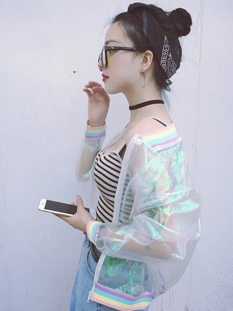 Harajuku Summer Women Jacket Laser Rainbow Symphony Hologram Women BasicCoat Clear Iridescent Transparent Bomber Jacket Sunproof