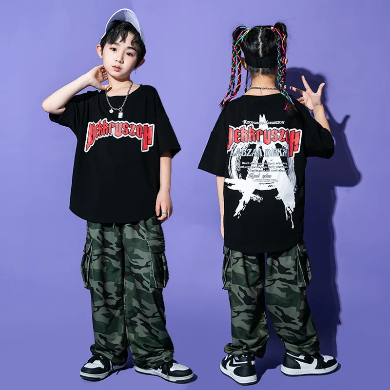 

Kid Hip Hop Clothing Black Graphic Tee T Shirt Green Camouflage Casual Wide Cargo Pants for Girl Boy Jazz Dance Costume Clothes