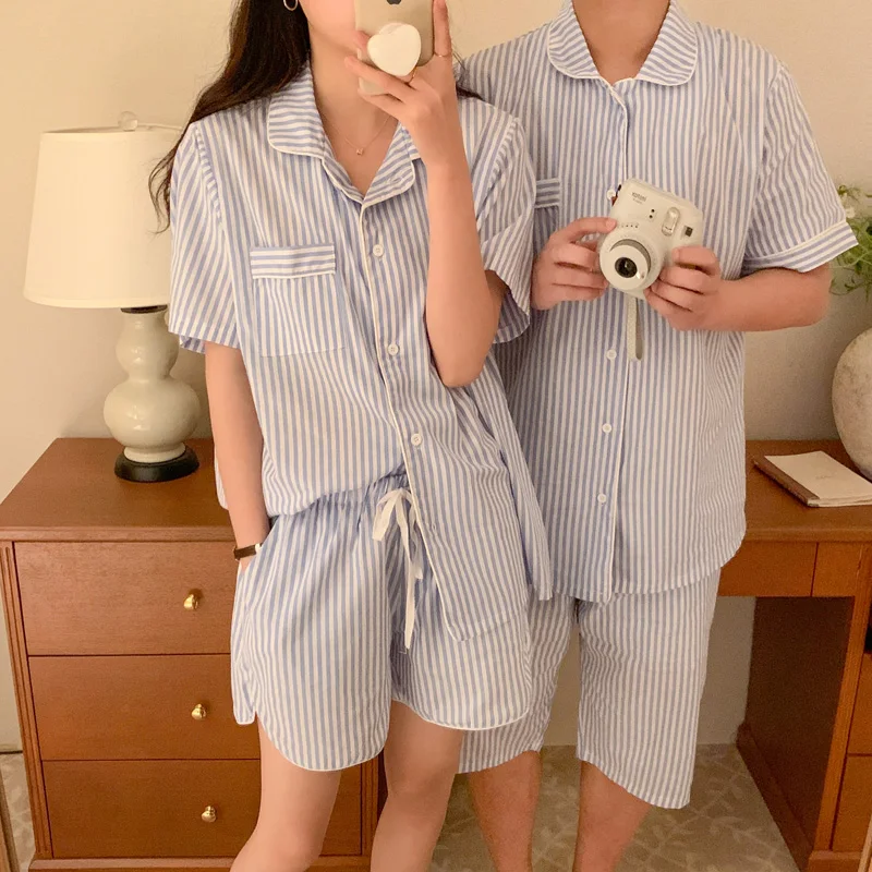 

Couple Lovers Striped Summer Pajamas Set Women Single Breasted Shirts + Shorts Cotton Casual Vintage Sleepwear Pocket Soft Loose