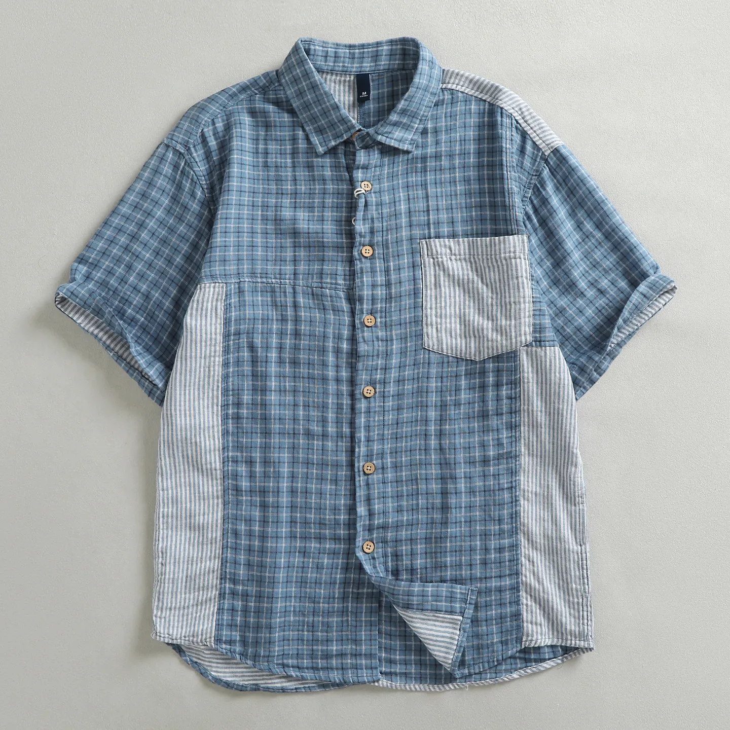 

Men's Patchwork Plaid Striped Short Sleeve Shirts Retro Lapel Pocket Casual Cotton Button Up Workwear Blouse