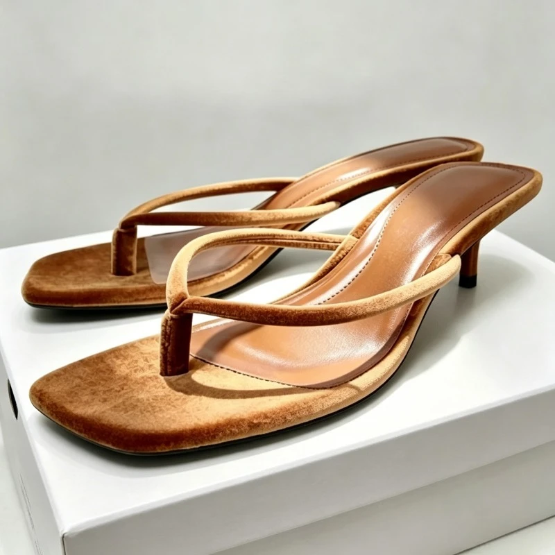 Velvet Backless Heels Slippers Woman Summer 2026 Square Toe Slide Clip Toe Casual Sandal Concise Stiletto Heels Flip Flops Woman