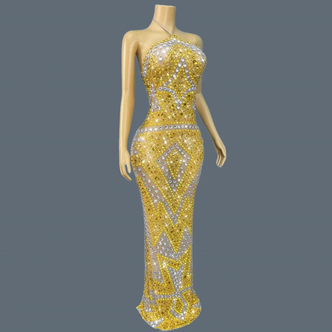 

High-end Golden Crystal Halter Mesh Dresses Gala Prom Red Carpet Elegant Long Formal Dress Birthday Party Queen Gown Jinjingying