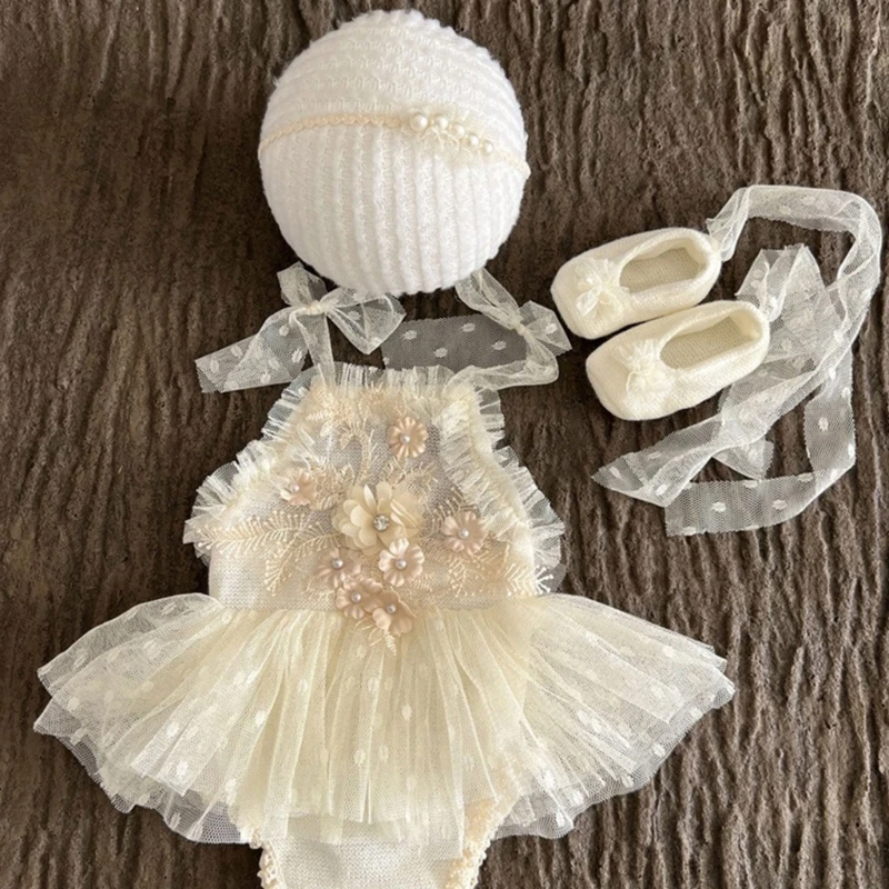 1Set Lace Newborn Photography Props Clothes Princess Baby Girl Dress+Pearl Headband+Shoes Outfit Baby Photo Shooting Accessories