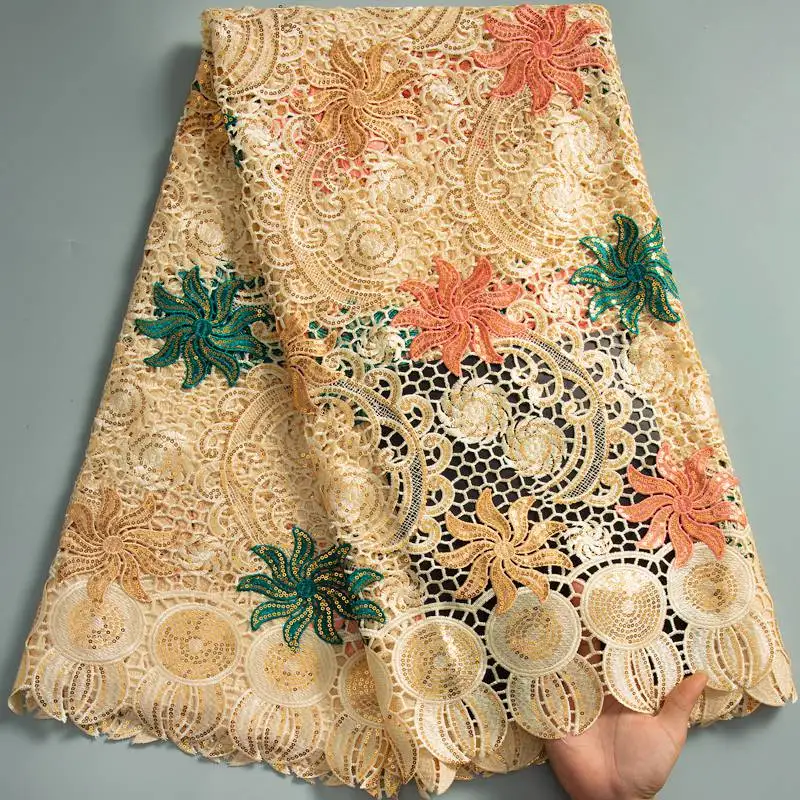 

African Lace Fabric Nigerian Guipure Cord Lace Fabric With Sequins 2023 High Quality Milk Silk Water Solube Lace Sewing S3508