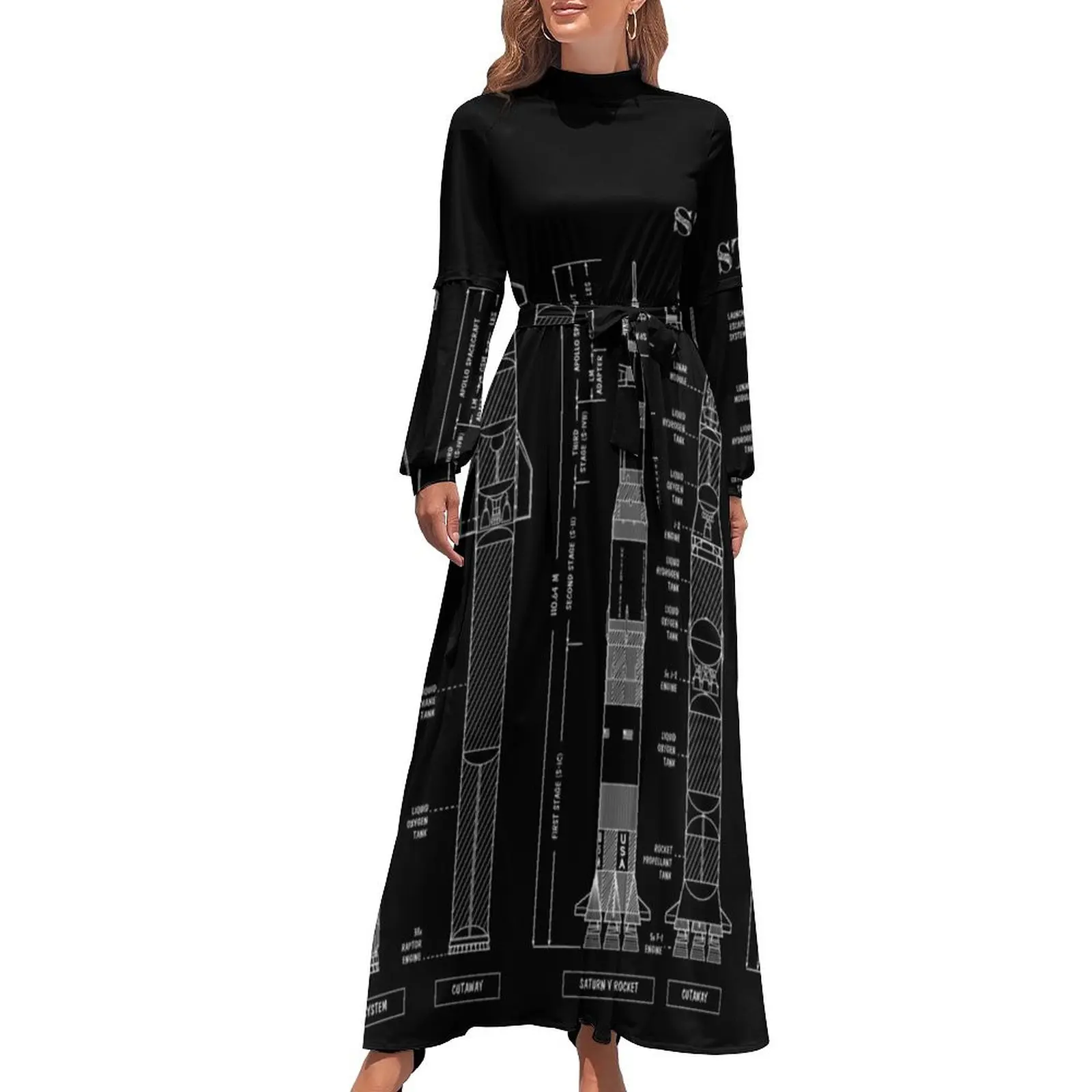 

Starship - Saturn V - SLS Comparison (White Stencil No Background) Long Dress Summer dresses for women