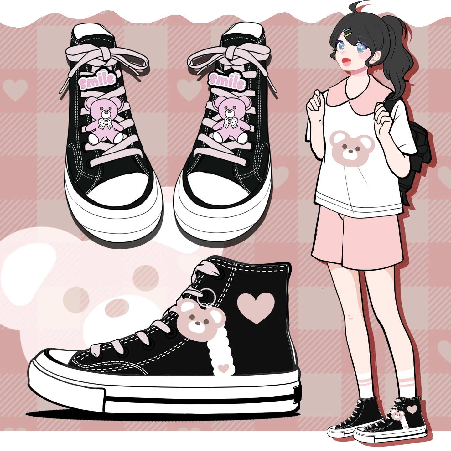 

Amy and Michael Adorable Anime Cartoon Bear Shoes Lovely Girls Students High Top Black Canvas Shoes Cute Women Casual Sneakers
