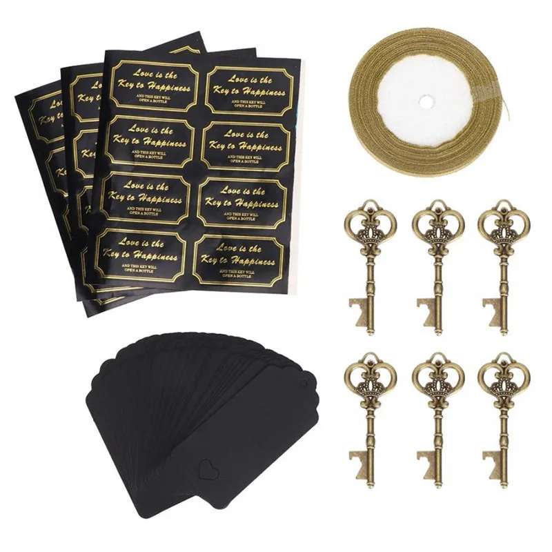25/50pcs Skeleton Key Bottle Opener with Tag Gold Ribbon Sticker Bridal Shower Wedding Favor  Bottle Opener for Guest