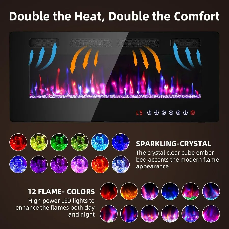 مدفأة كهربائية 42 بوصة لغرفة المعيشة مثبتة على الحائط أو تركيب قائم بذاته مع مؤقت تحكم عن بعد باهتة 12 فلام