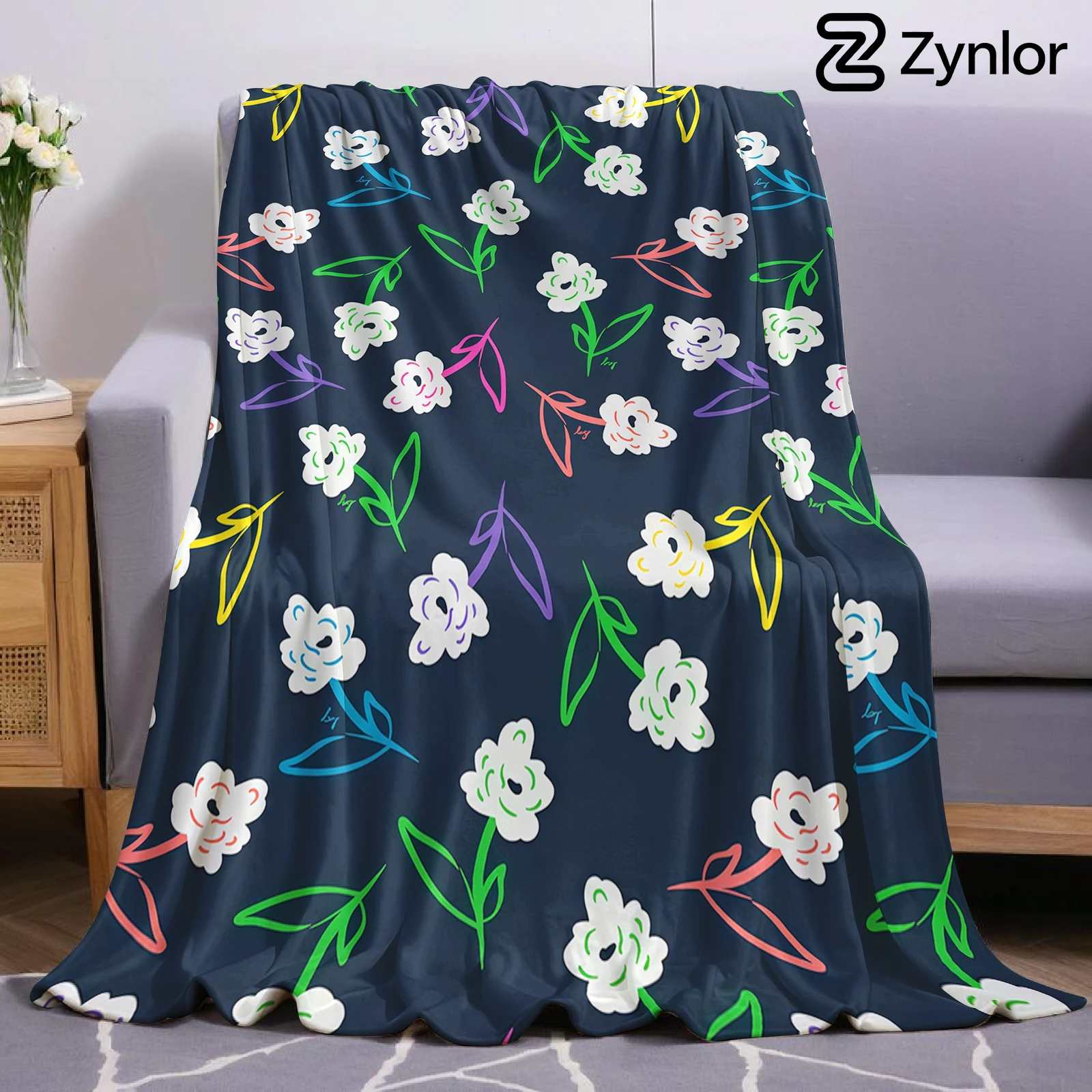 Colorful Sketch Flower Cartoon Anime Print Flannel Blanket Soft Warm Throw for Kids Bedroom Sofa Bed Christmas Office Car