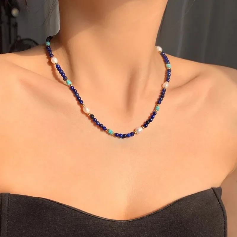 

Lapis Lazuli Rice Grain Freshwater Pearl Necklace Women's New Chinese Style National Style Retro Natural Turquoise Beaded Collar