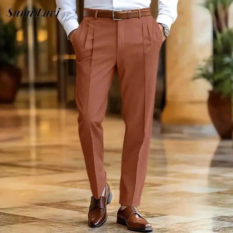 Pantaloni dritti larghi da uomo per il tempo libero quotidiano Pantaloni da abito pieghettati casual in tinta unita autunnali per pantaloni alla moda primaverili da uomo