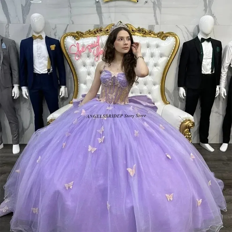 ANGELSBRIDEP бальное платье, лаванда, платья Quinceanera, 3D бабочки, Цветочная аппликация, бант, кристалл, милое 16 Платья для дня рождения